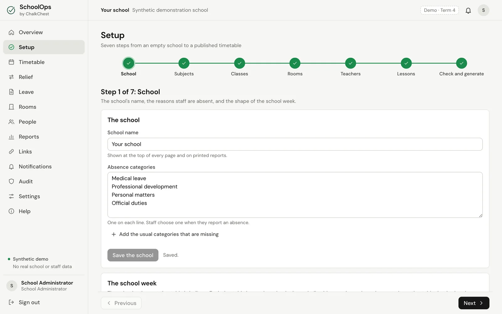 Step 1, School. Fictional demo data.