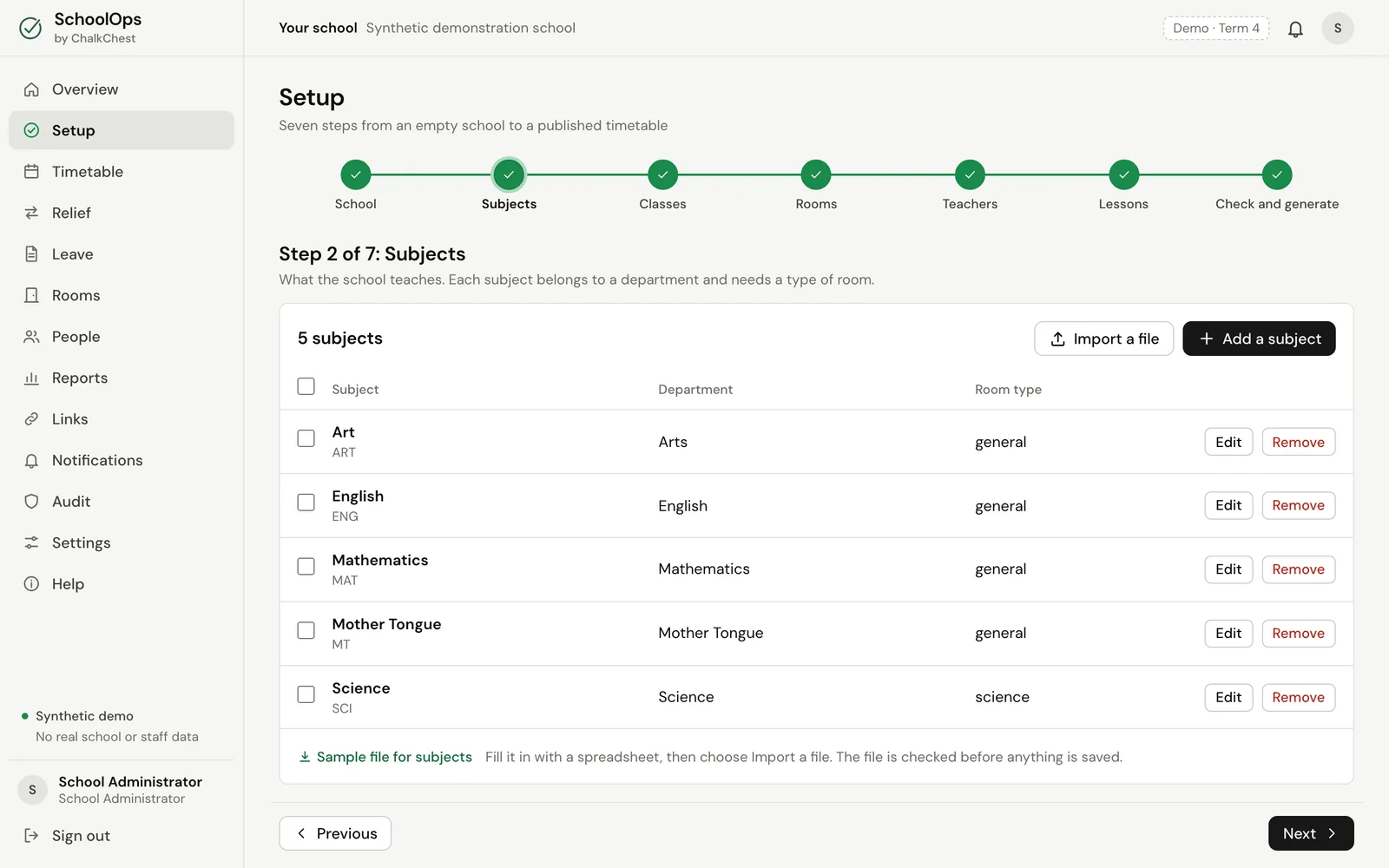 Step 2, Subjects, with the room type of each subject. Fictional demo data.