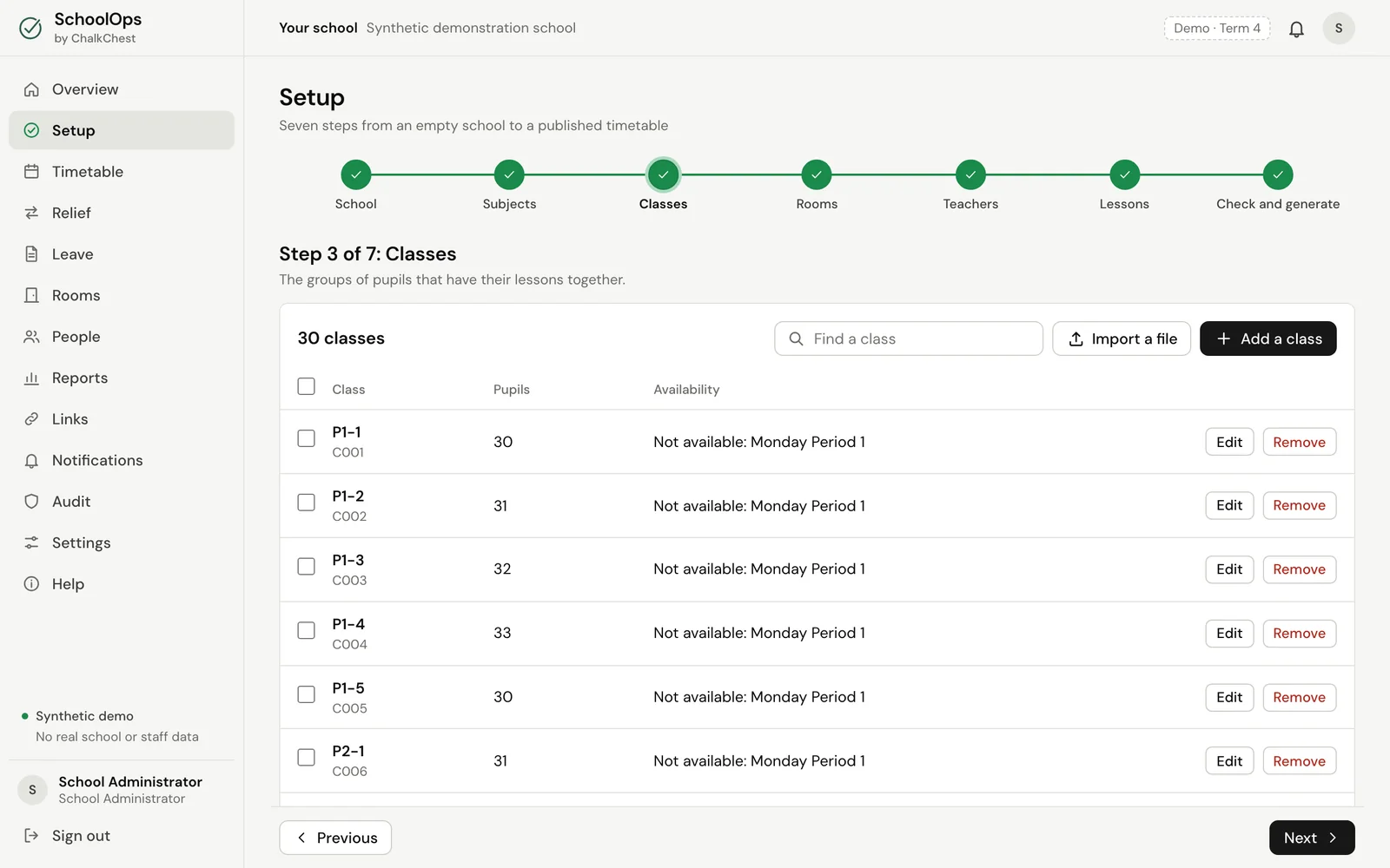 Step 3, Classes. Fictional demo data.