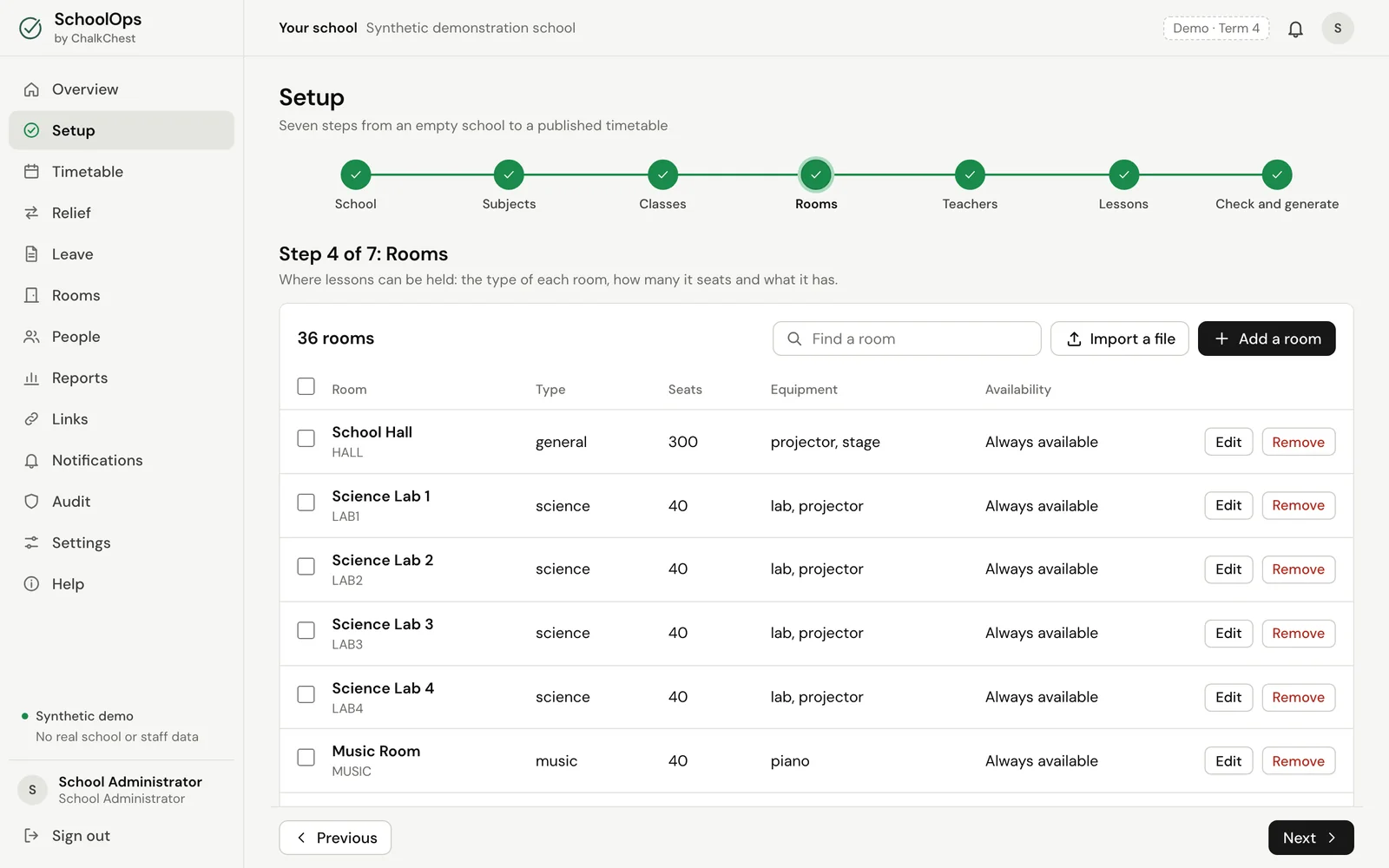 Step 4, Rooms. Fictional demo data.