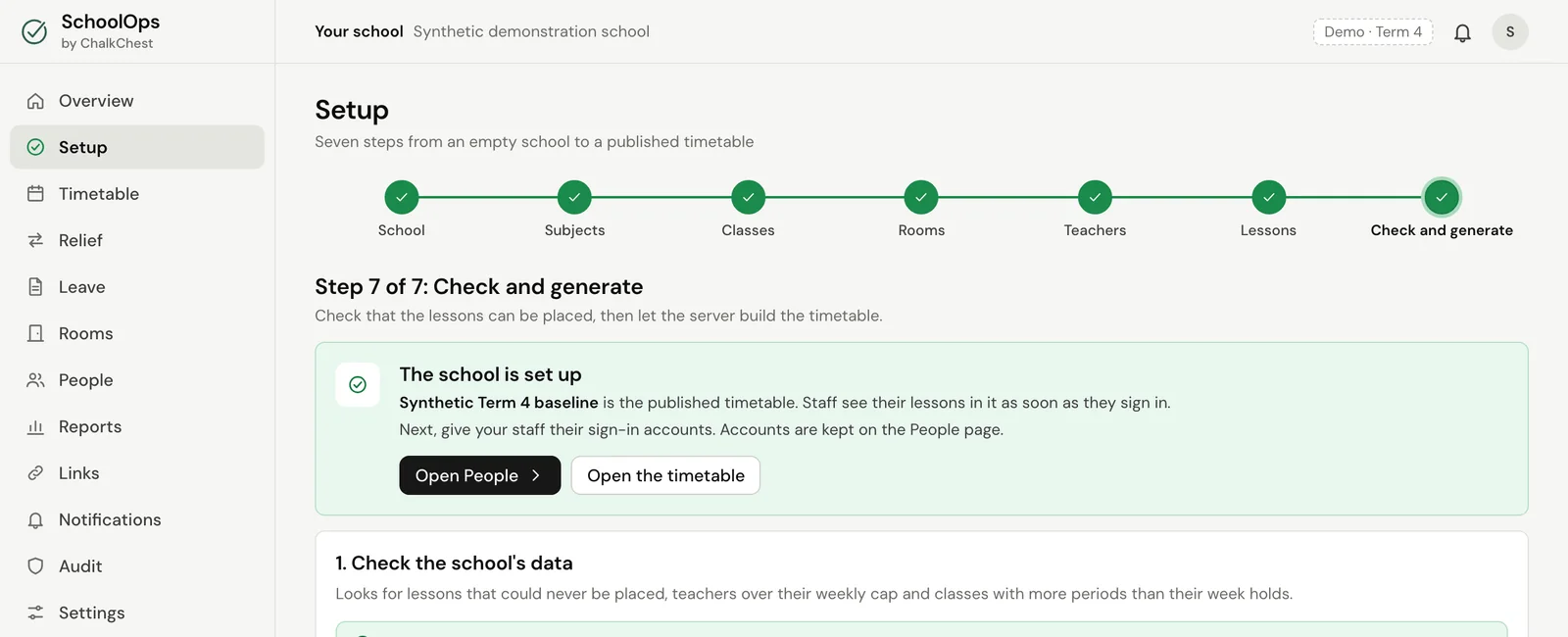 Step 7, Check and generate, with no problems found. Fictional demo data.