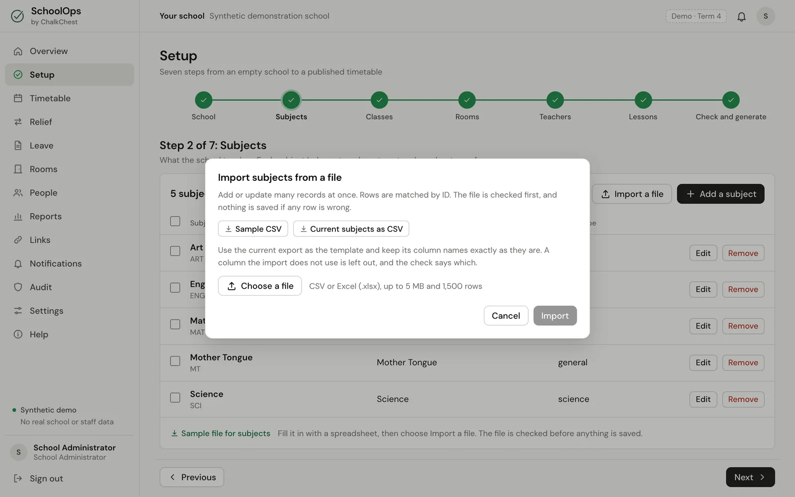 The Import a file window for subjects. Fictional demo data.
