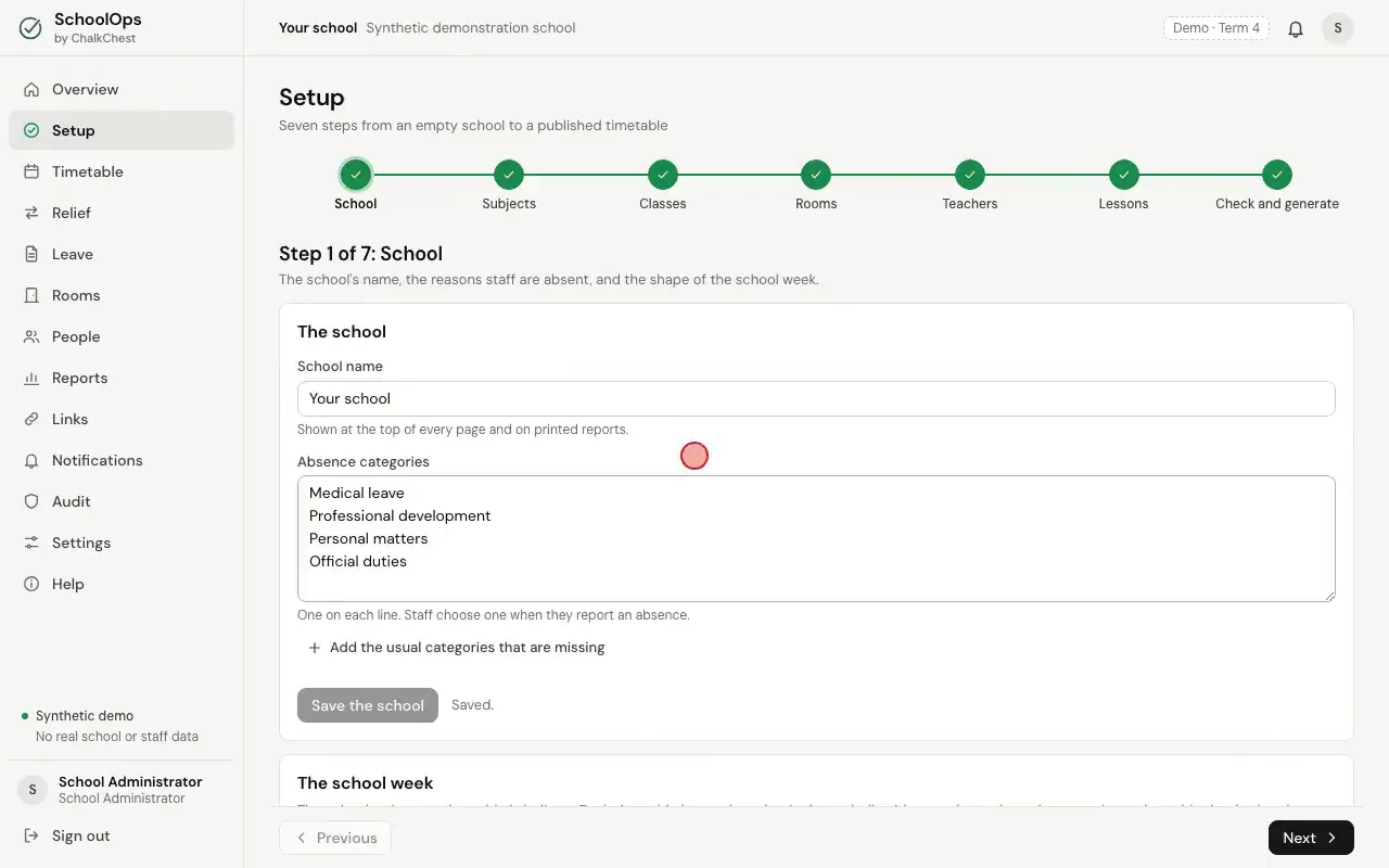 Moving from one step of Setup to the next. Fictional demo data.