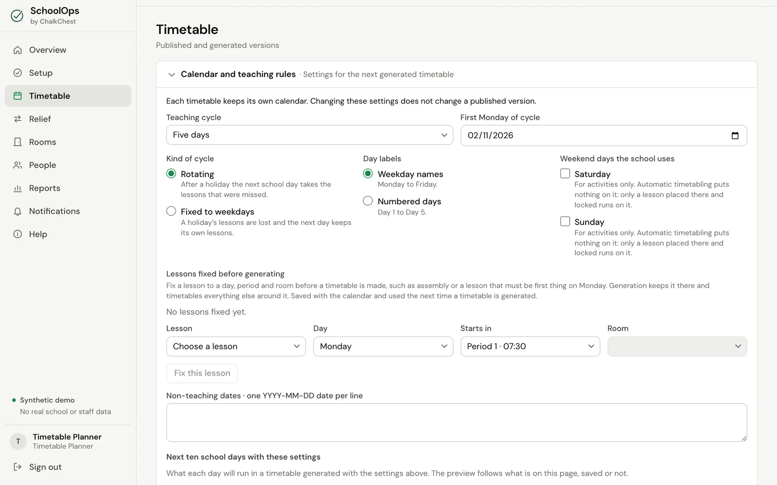 Calendar and teaching rules on the Timetable page. Fictional demo data.