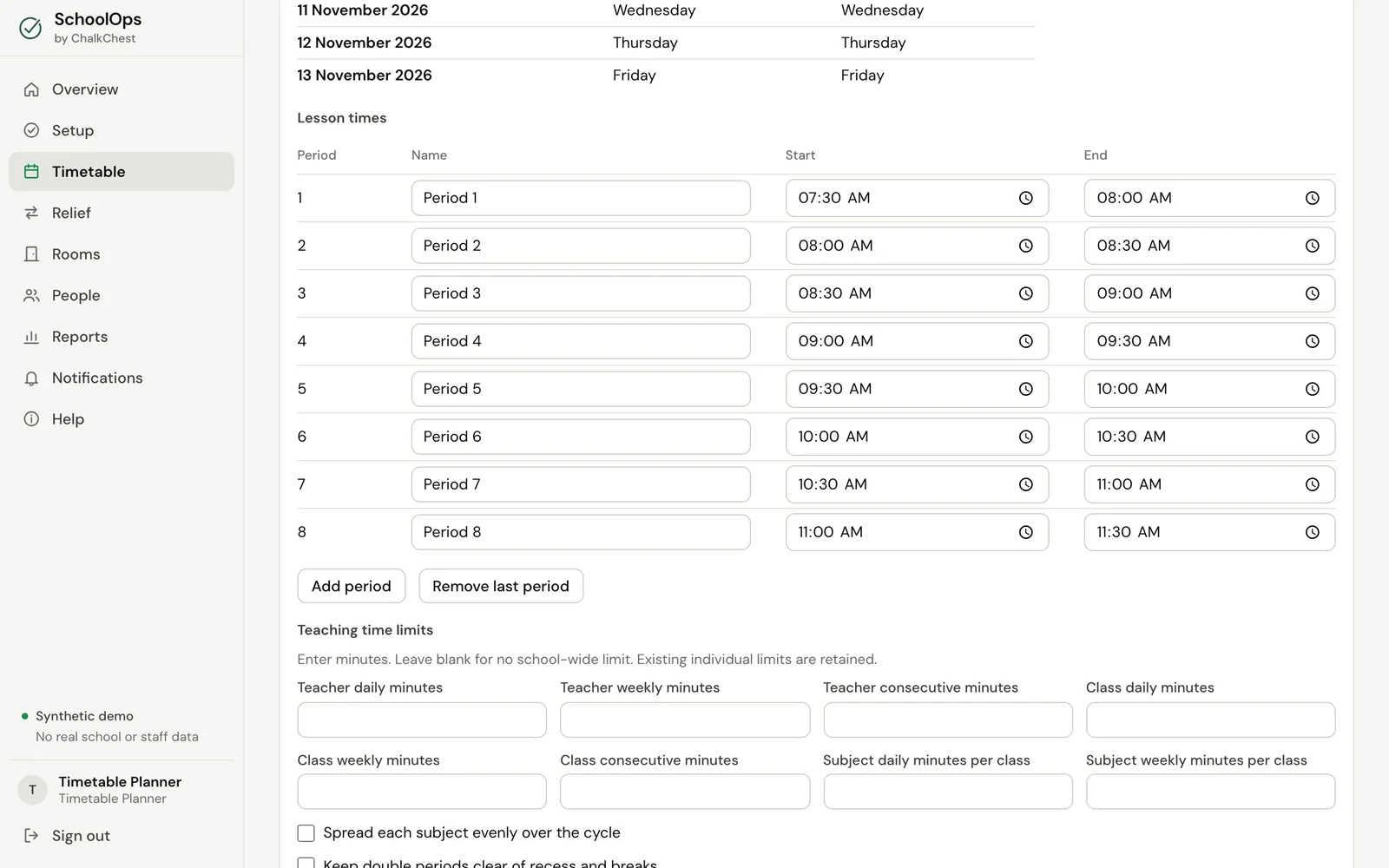 The lesson times. Fictional demo data.
