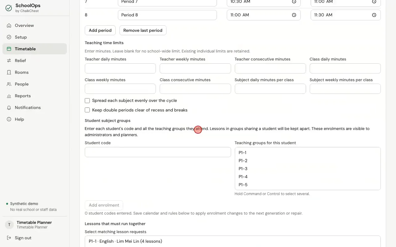 Typing two limits for teachers, ticking a box and saving. Fictional demo data.