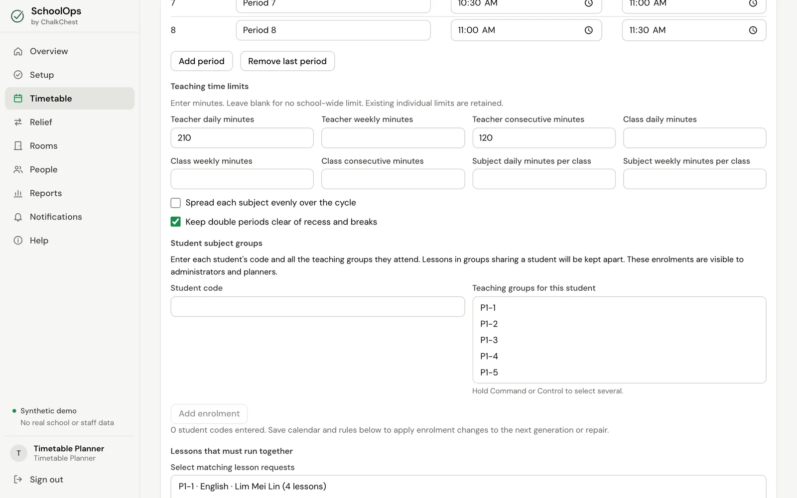 The teaching time limits and the two tick boxes. Fictional demo data.