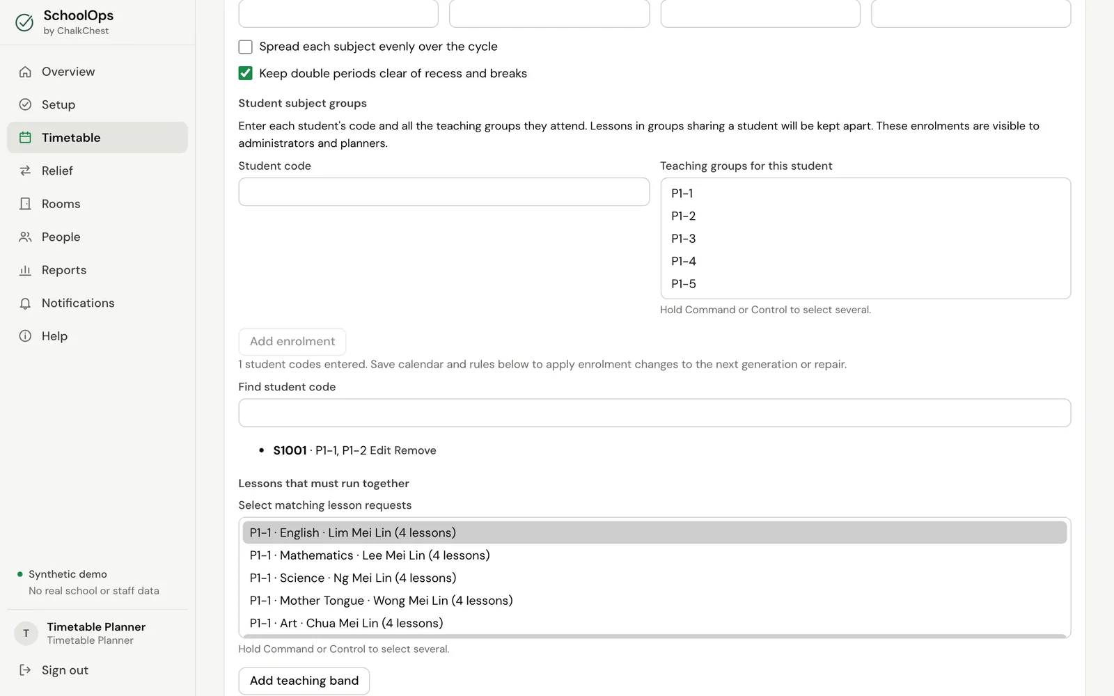 Student subject groups, with one pupil entered. Fictional demo data.
