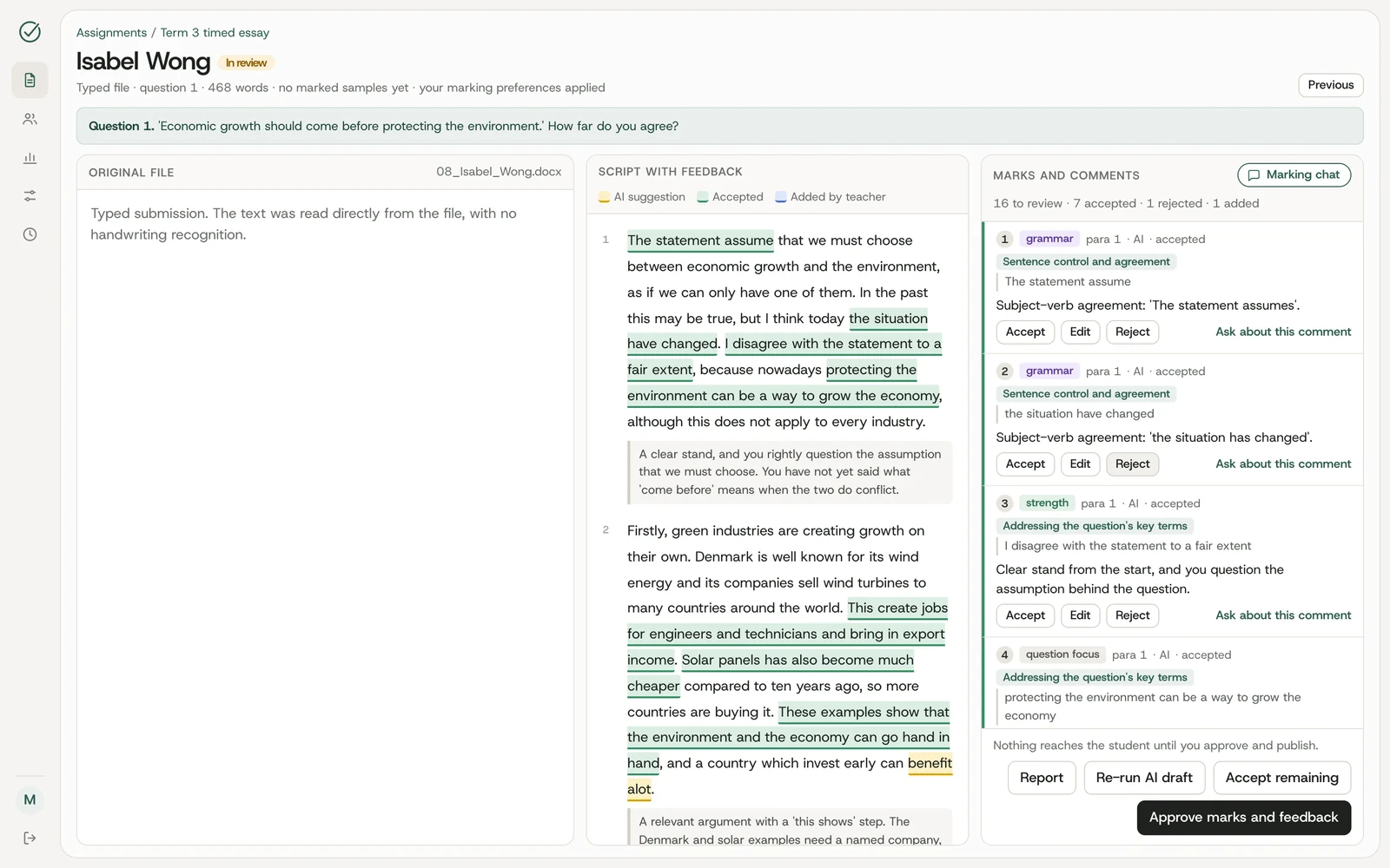 A teacher reviewing AI feedback in Markly, with accept, edit and reject controls. Fictional demo work.