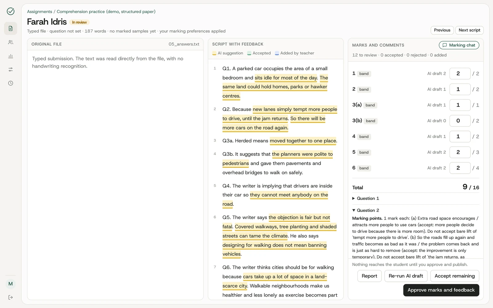 Markly reviewing a fictional comprehension paper question by question.