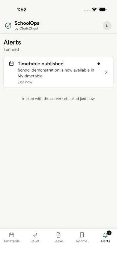 The SchoolOps phone app showing an alert that a timetable has been published. Fictional demo data.