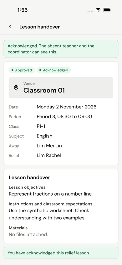 The SchoolOps phone app showing a lesson handover that the relief teacher has acknowledged. Fictional demo data.