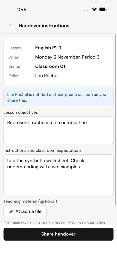 The SchoolOps phone app showing the handover form with lesson objectives and instructions. Fictional demo data.