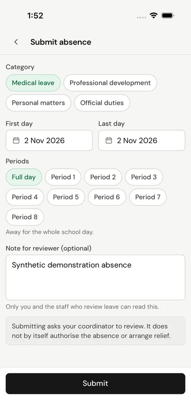 The SchoolOps phone app showing the form a teacher uses to submit an absence. Fictional demo data.
