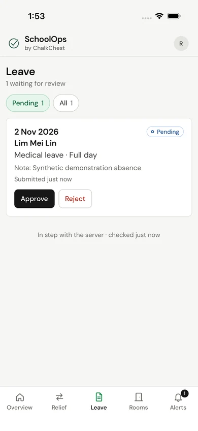 The SchoolOps phone app showing a pending absence request with approve and reject controls. Fictional demo data.