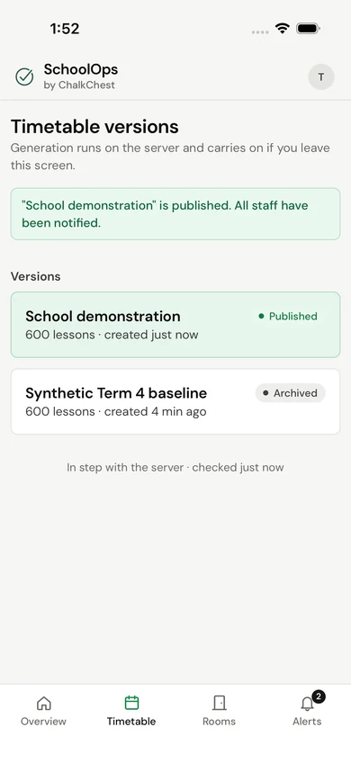 The SchoolOps phone app showing a timetable version marked as published. Fictional demo data.