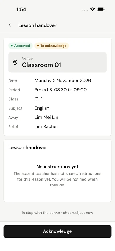 The SchoolOps phone app showing a relief teacher’s approved lesson with its venue, date and period. Fictional demo data.
