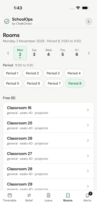 The SchoolOps phone app showing the rooms that are free in one period. Fictional demo data.