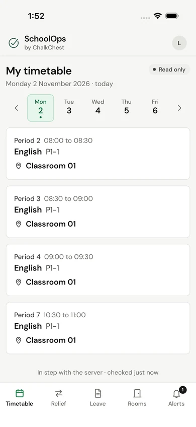 The SchoolOps phone app showing a teacher’s own timetable for the day, with the venue for each lesson. Fictional demo data.