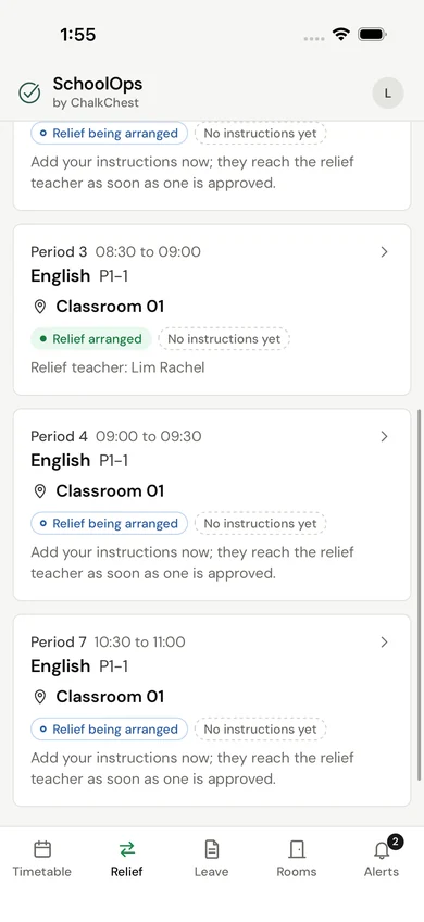 The SchoolOps phone app showing an absent teacher’s lessons and whether relief has been arranged for each. Fictional demo data.