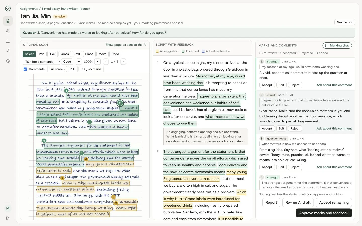 ScriptMark showing a fictional handwritten essay with comments pinned to the script and teacher review controls.