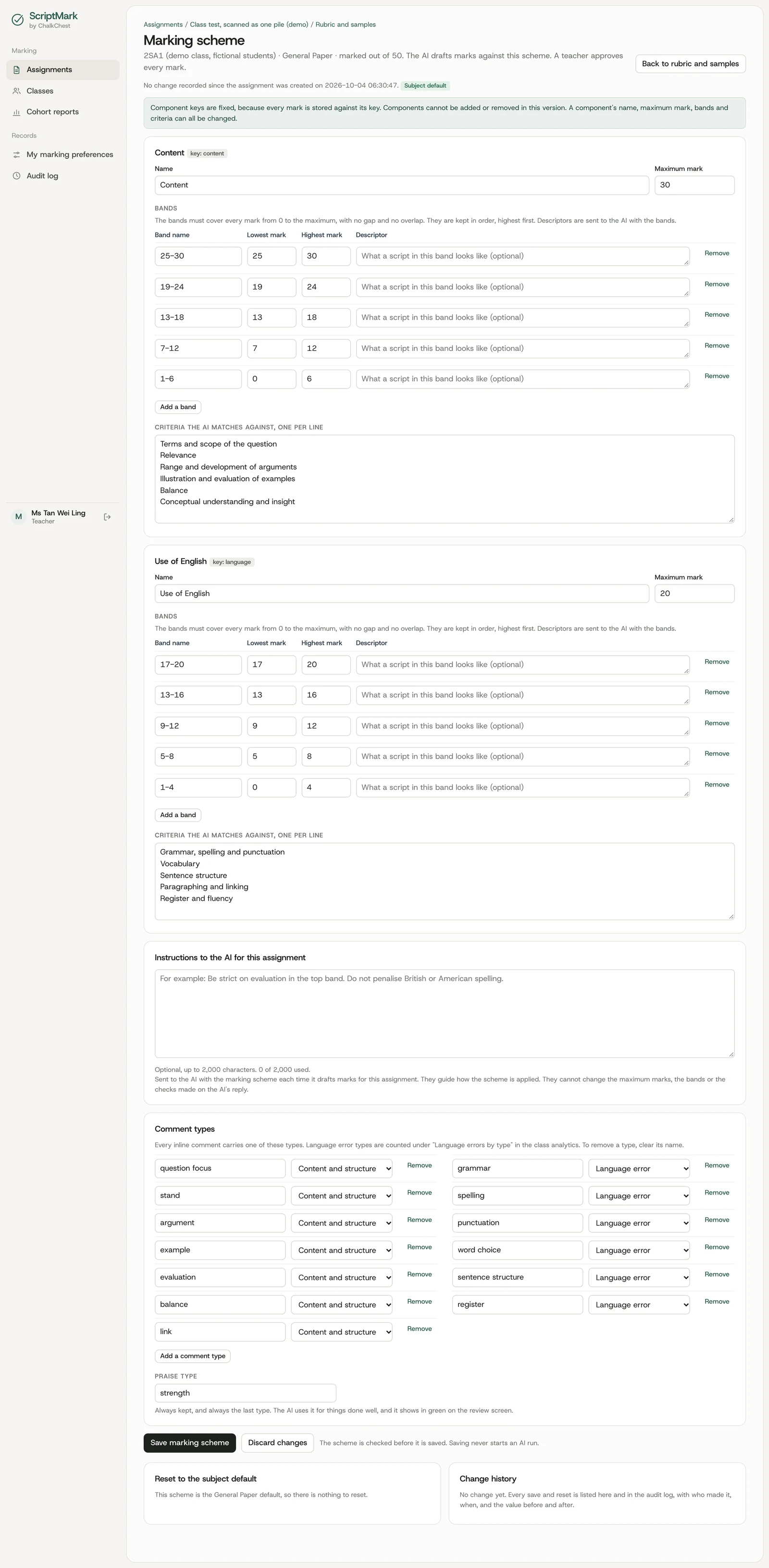 The editable marking scheme in ScriptMark, with criteria, bands and teacher guidance.